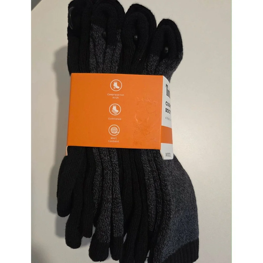 Timberland Mens Cushioned Boot Socks 4 Pairs Wool Blend  Black Size 9-12 NEW